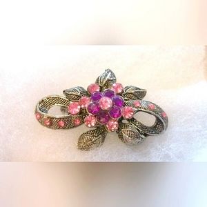 Crystal Art Deco Floral Bow Silver Brooch or Pendant